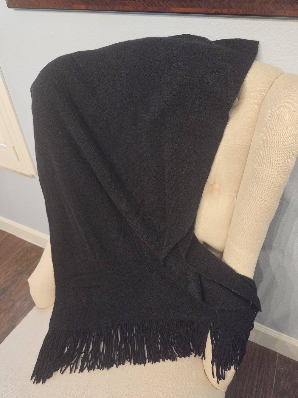 Hardy Amies Cashmere Blend Black Fringe Knit Shawl Wrap